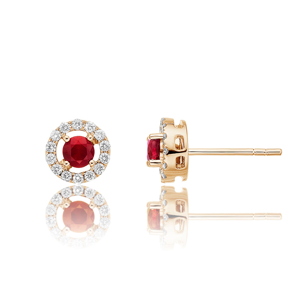 0.45ct Ruby Earrings with Diamond Halo 18K Yellow Gold