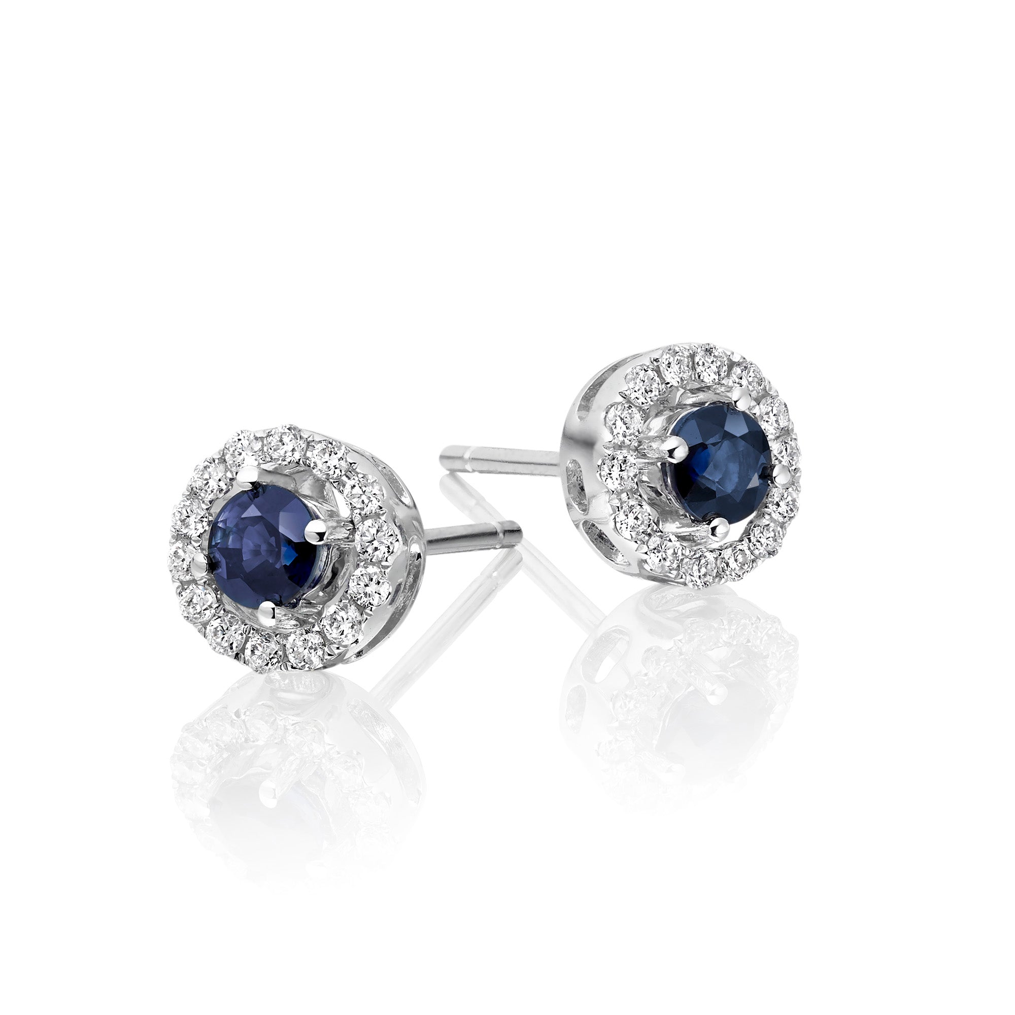 Round Sapphire and 0.22ct diamond stud earrings in 18K white gold