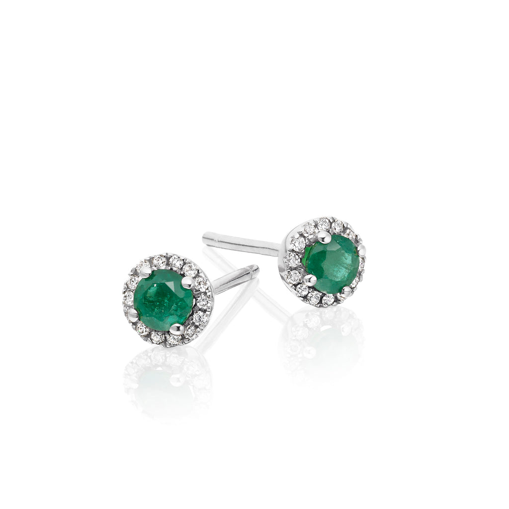 Halo Emerald and 0.08ct diamond ear studs in 18K white gold
