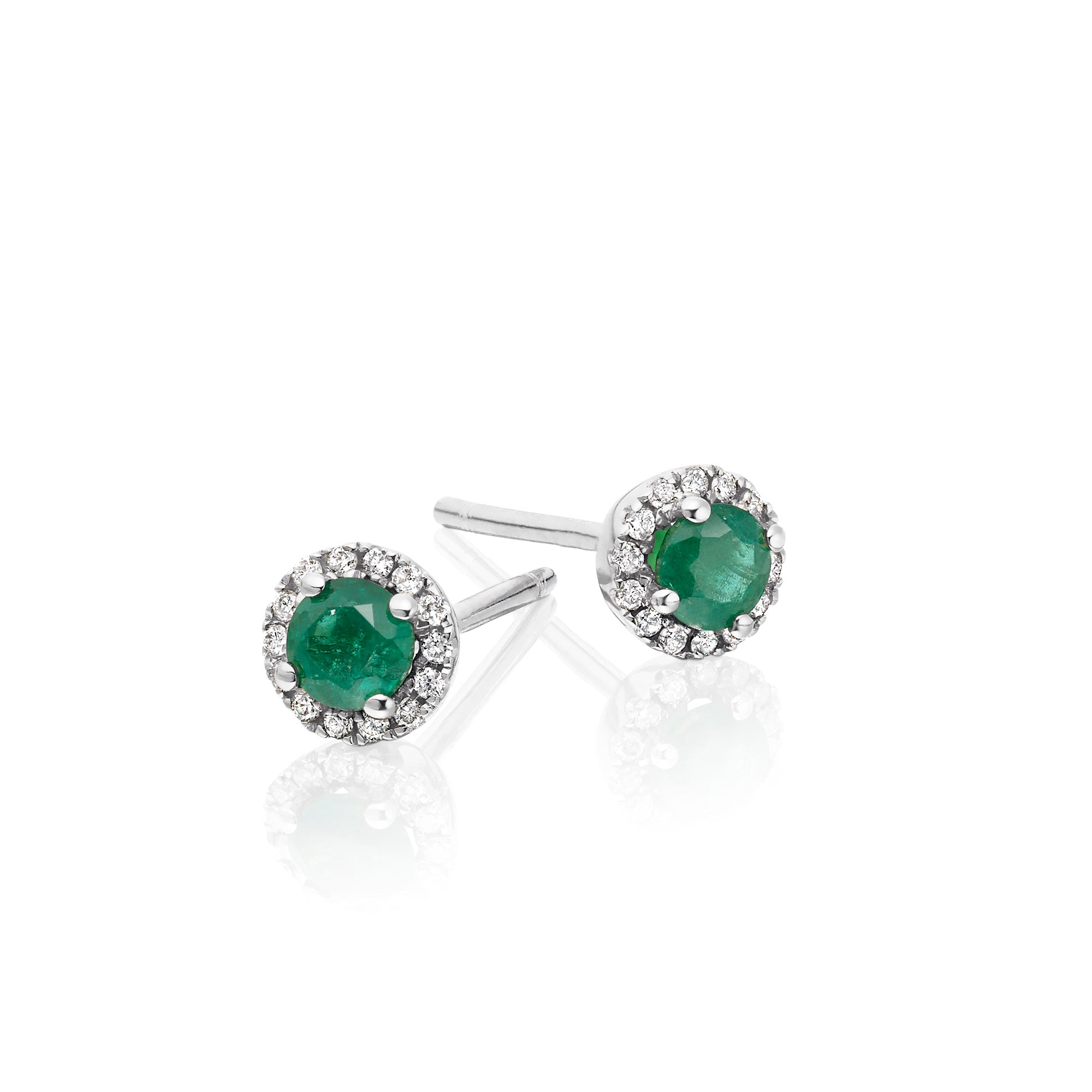 Halo Emerald and 0.08ct diamond ear studs in 9K white gold 