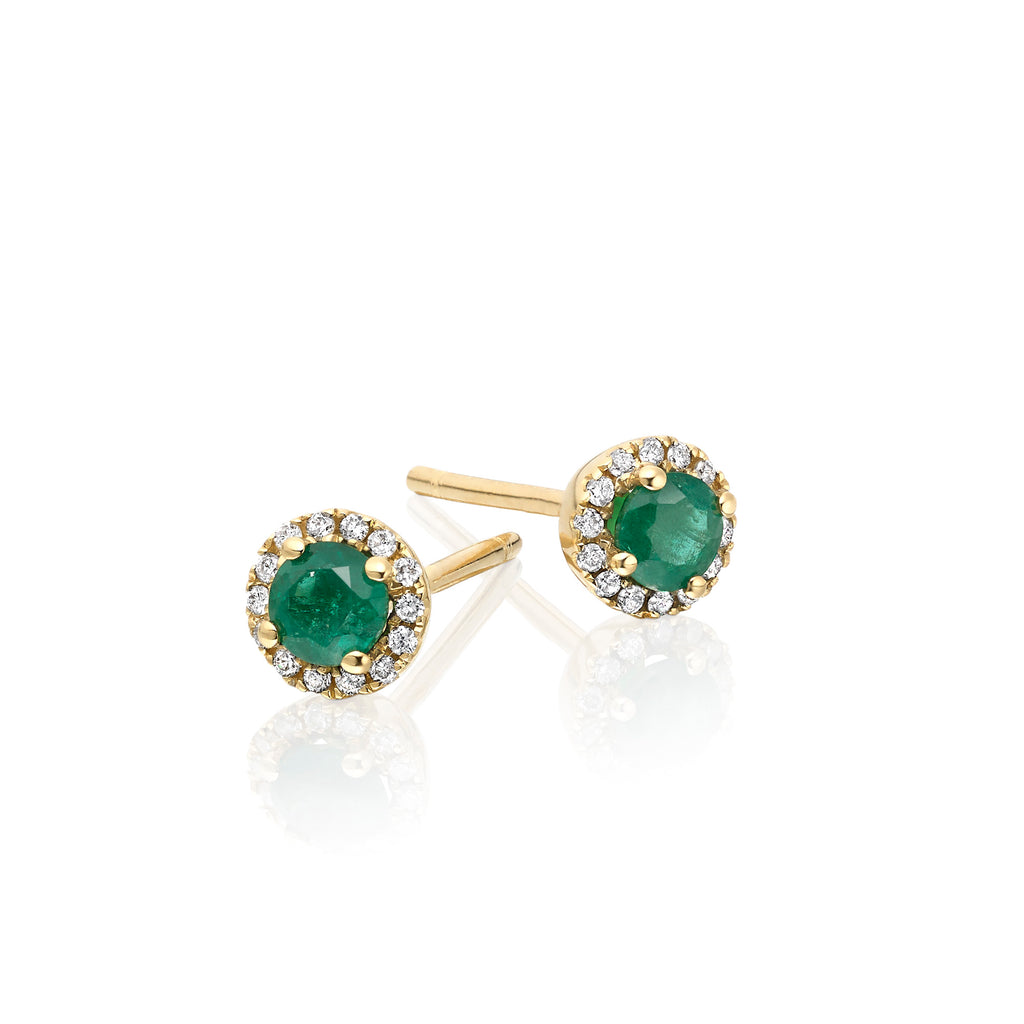 Halo Emerald and 0.08ct diamond ear studs in 18K yellow gold
