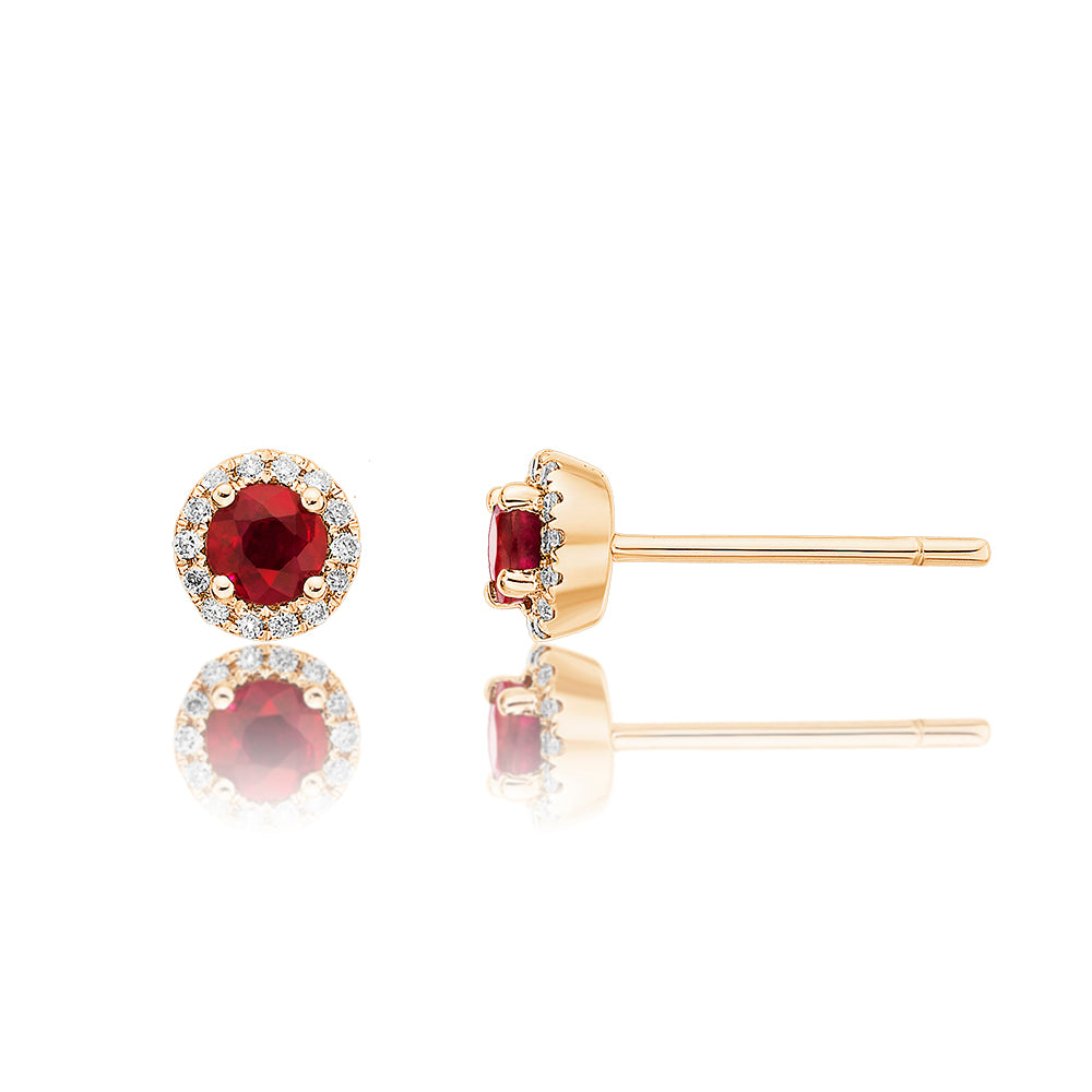 0.40ct Ruby Stud Earrings with Diamond Halo 9K Yellow Gold