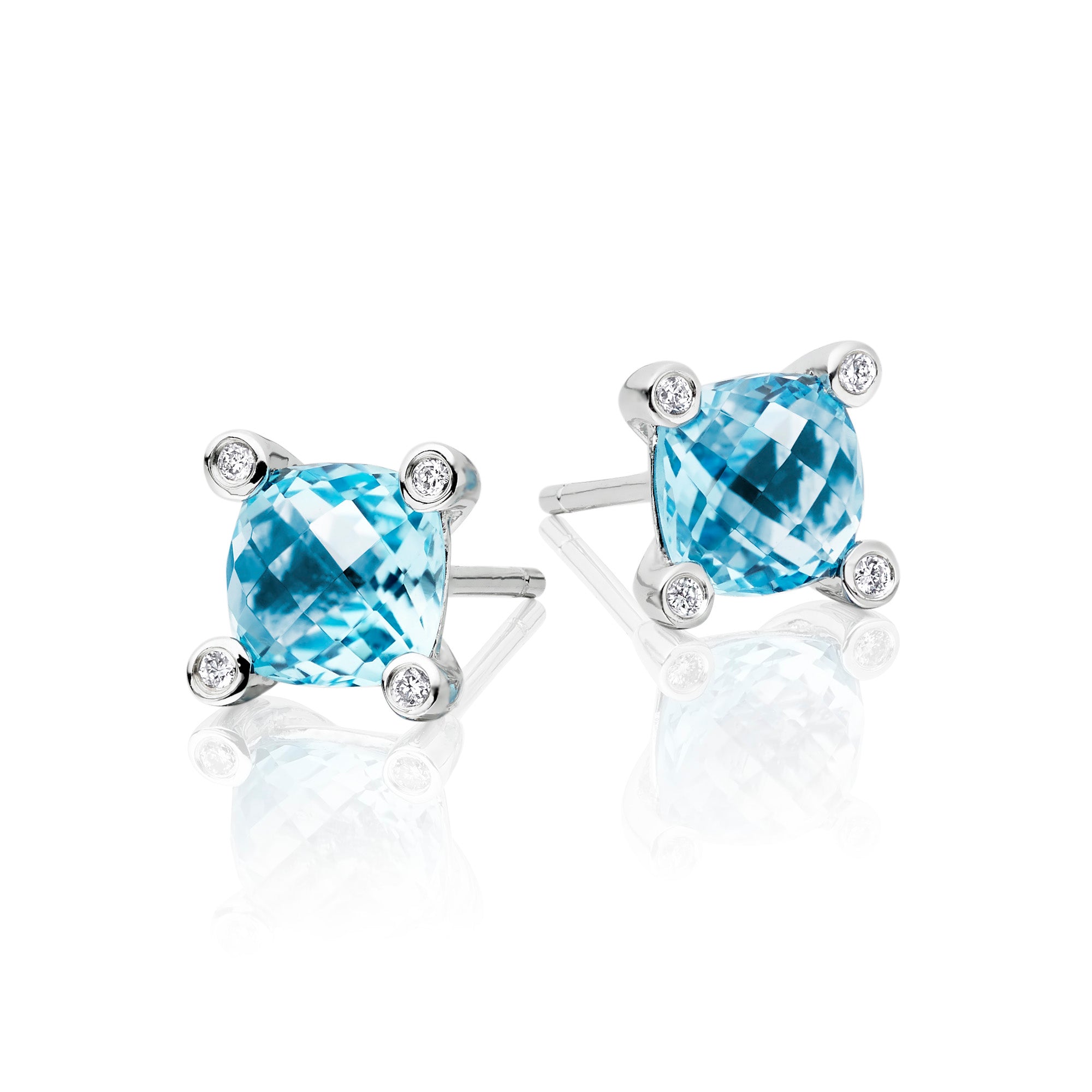 6mm x 6mm Blue Topaz and 0.05ct diamond stud earrings in 9K white gold