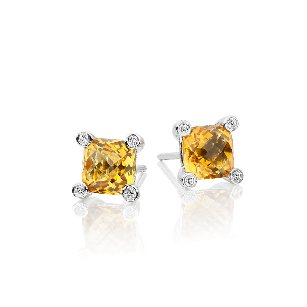 6mm x 6mm Citrine and 0.05ct diamond stud earrings in 9K white gold