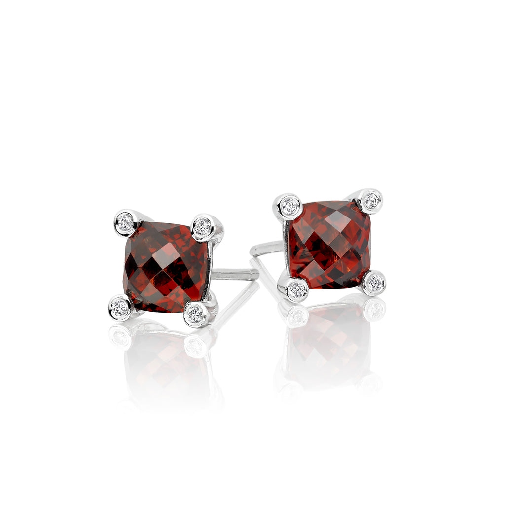 6mm x 6mm Garnet and 0.05ct diamond stud earrings in 18K white gold 
