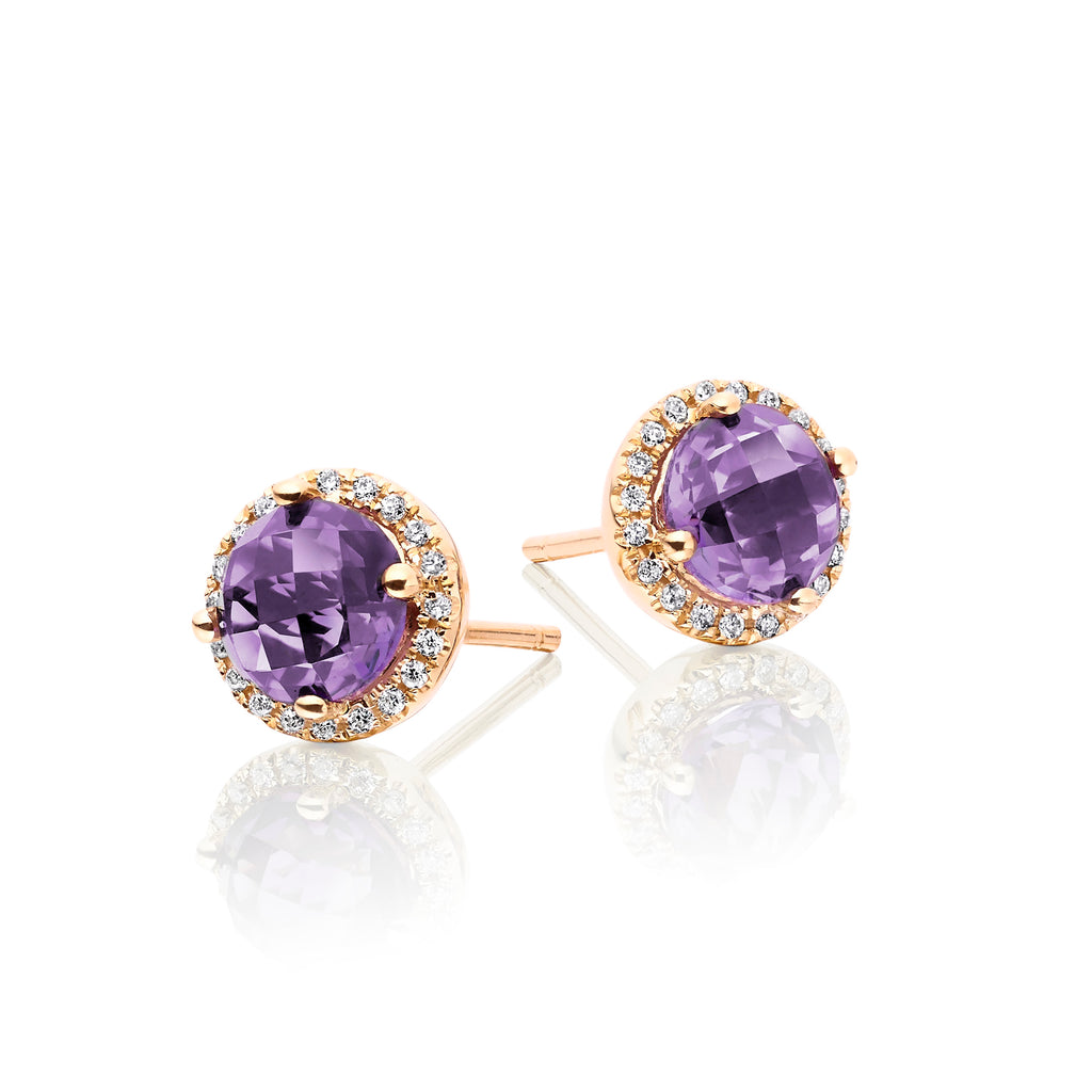 6mm Amethyst and 0.12ct diamond stud earrings in 9K yellow gold 