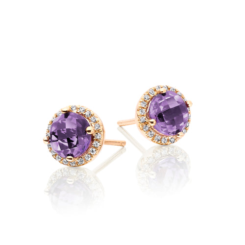 6mm Amethyst and 0.12ct diamond stud earrings in 9K yellow gold 