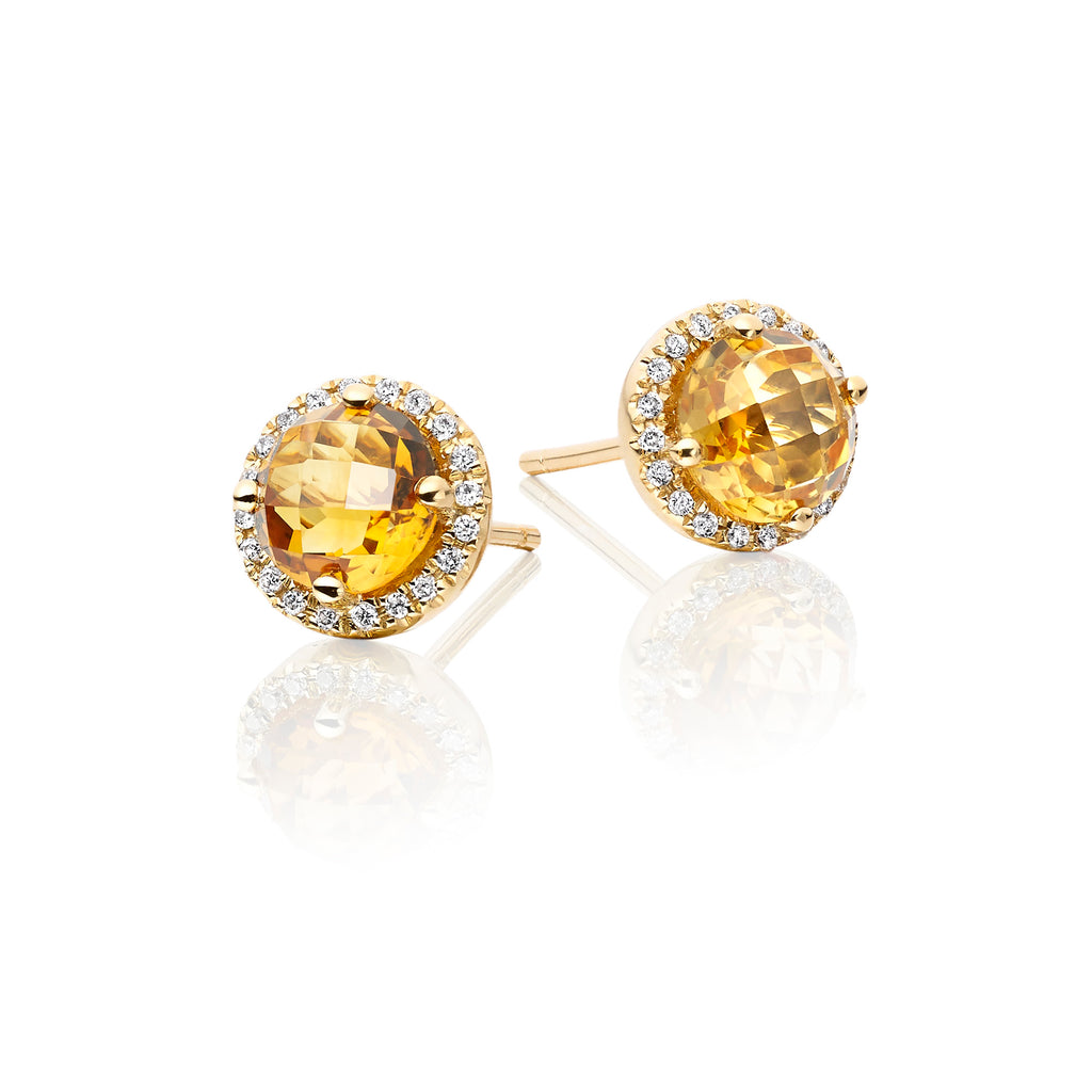 6mm Citrine and 0.12ct diamond stud earrings in 18K yellow gold