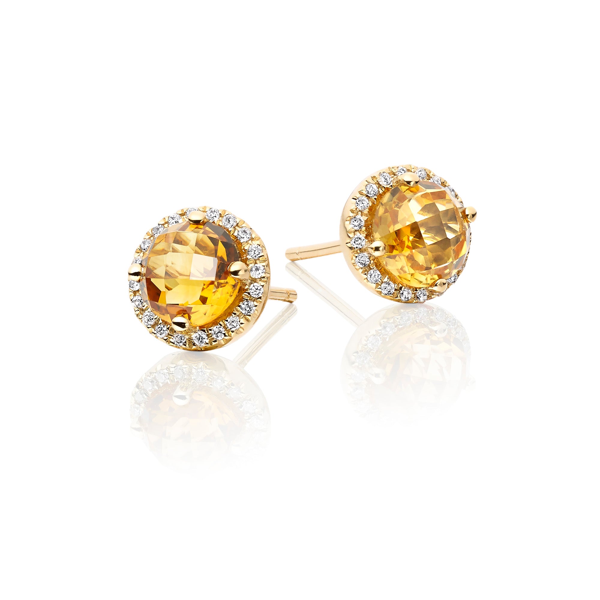 6mm Citrine and 0.12ct diamond stud earrings in 9K yellow gold