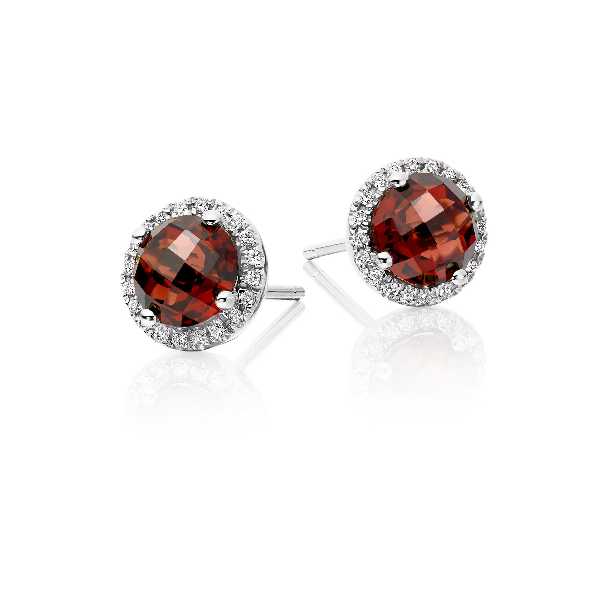 6mm Garnet and 0.12ct diamond stud earrings in 9K white gold