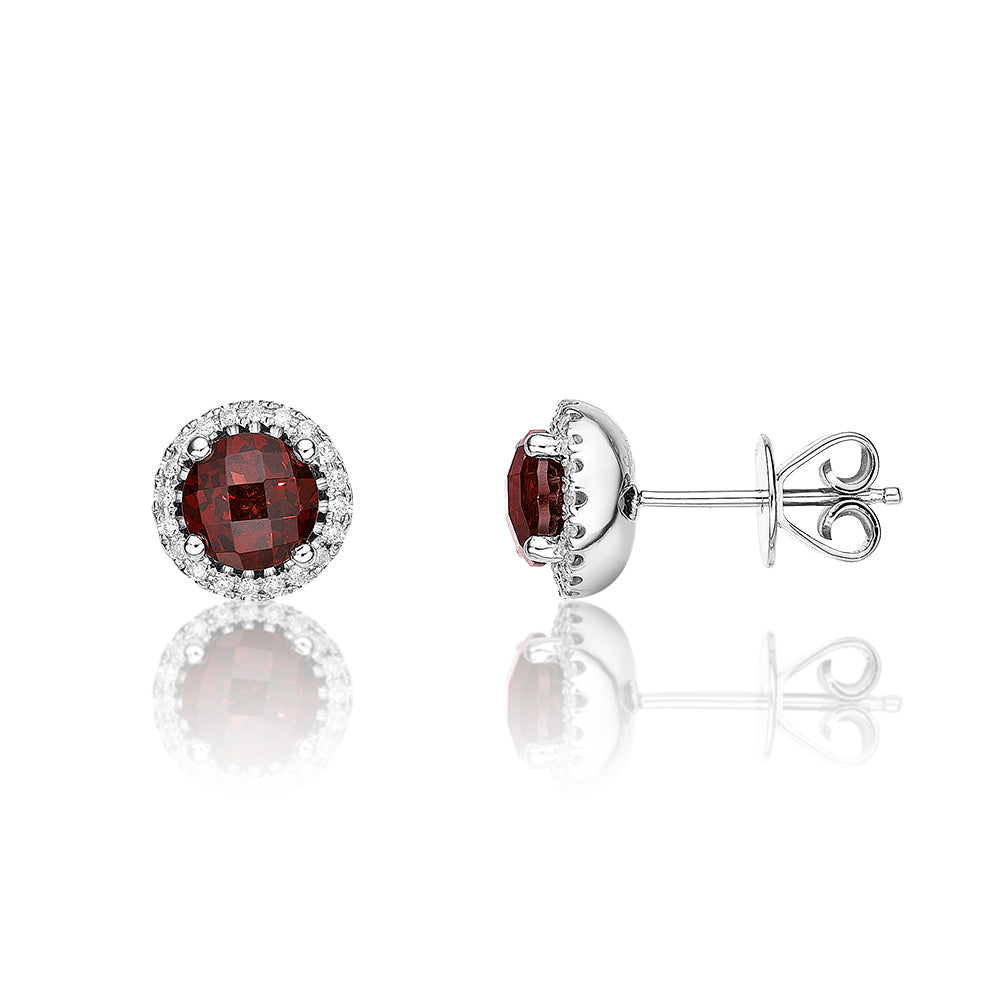 6mm Garnet and 0.12ct diamond stud earrings in 9K white gold