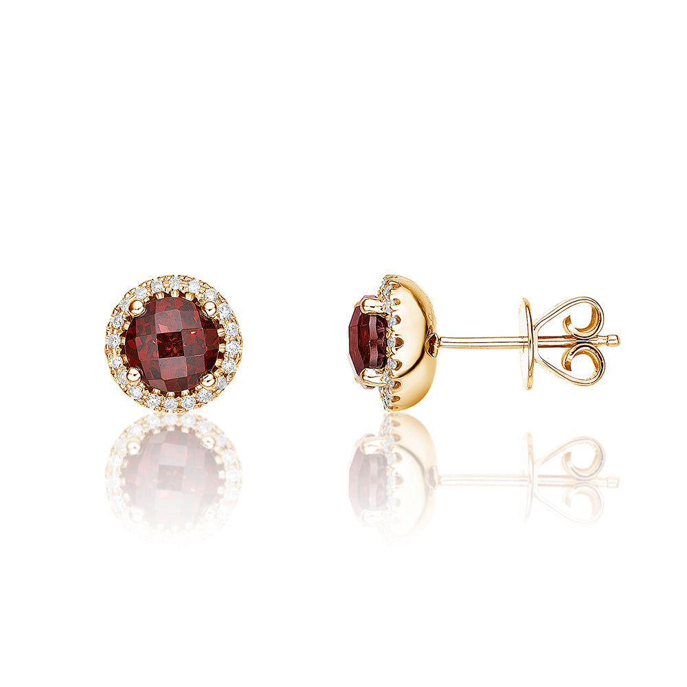6mm Garnet and 0.12ct diamond stud earrings in 18K yellow gold
