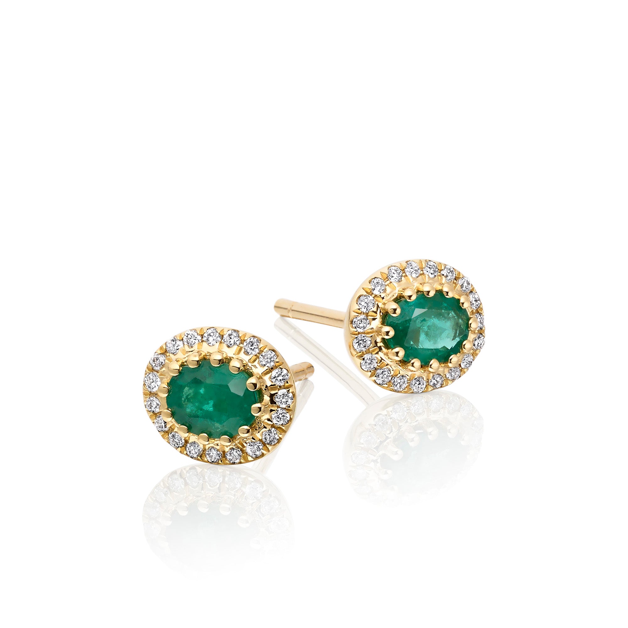 Oval Emerald and 0.11ct diamond stud earrings in 9K yellow gold