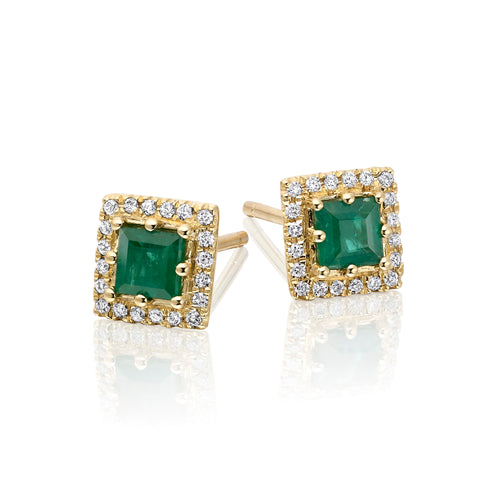 Square Emerald and 0.11ct diamond stud earrings in 18K yellow gold