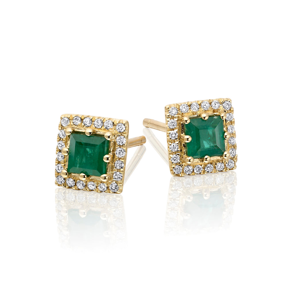 Square Emerald and 0.11ct diamond stud earrings in 9K yellow gold