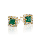 Square Emerald and 0.11ct diamond stud earrings in 9K yellow gold