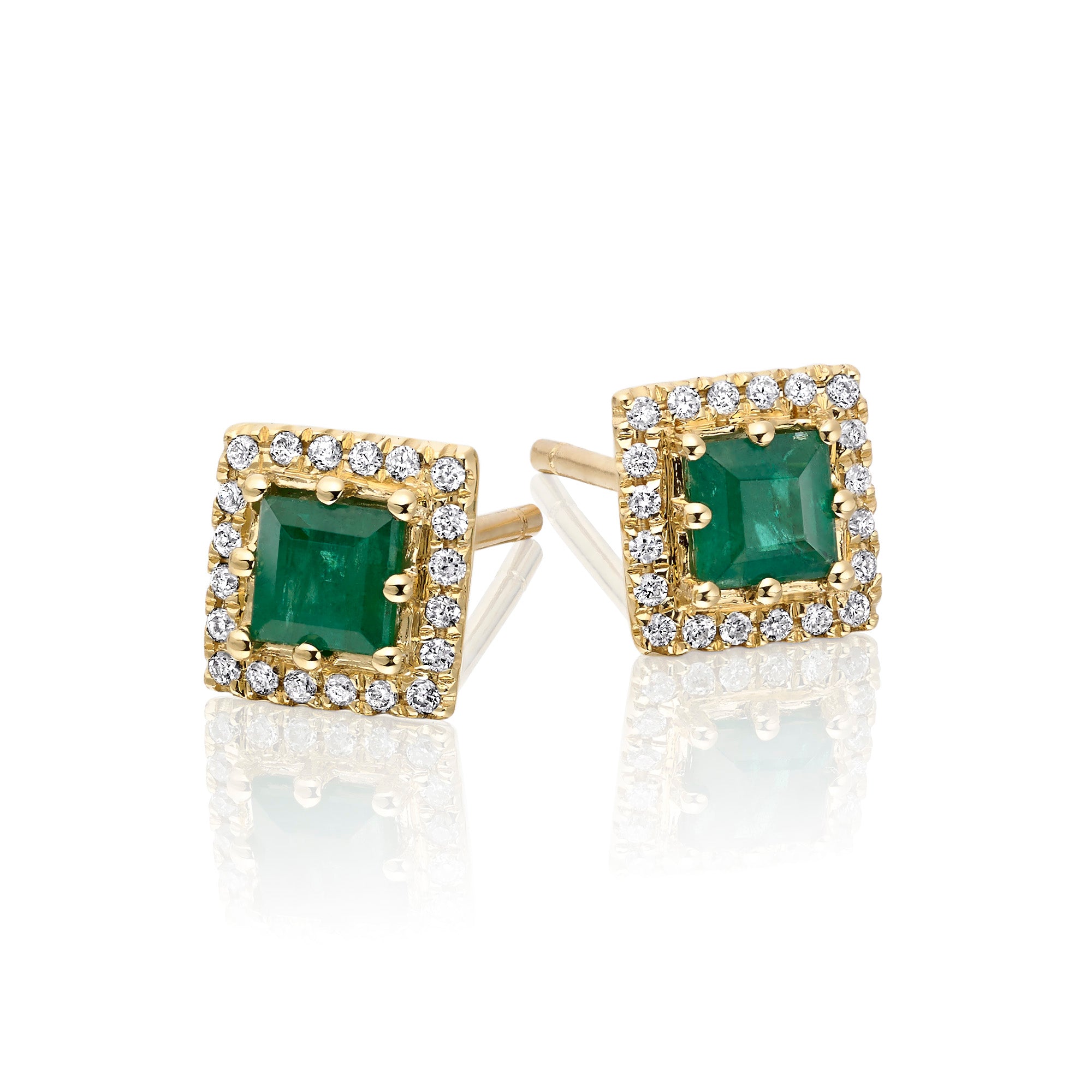 Square Emerald and 0.11ct diamond stud earrings in 9K yellow gold