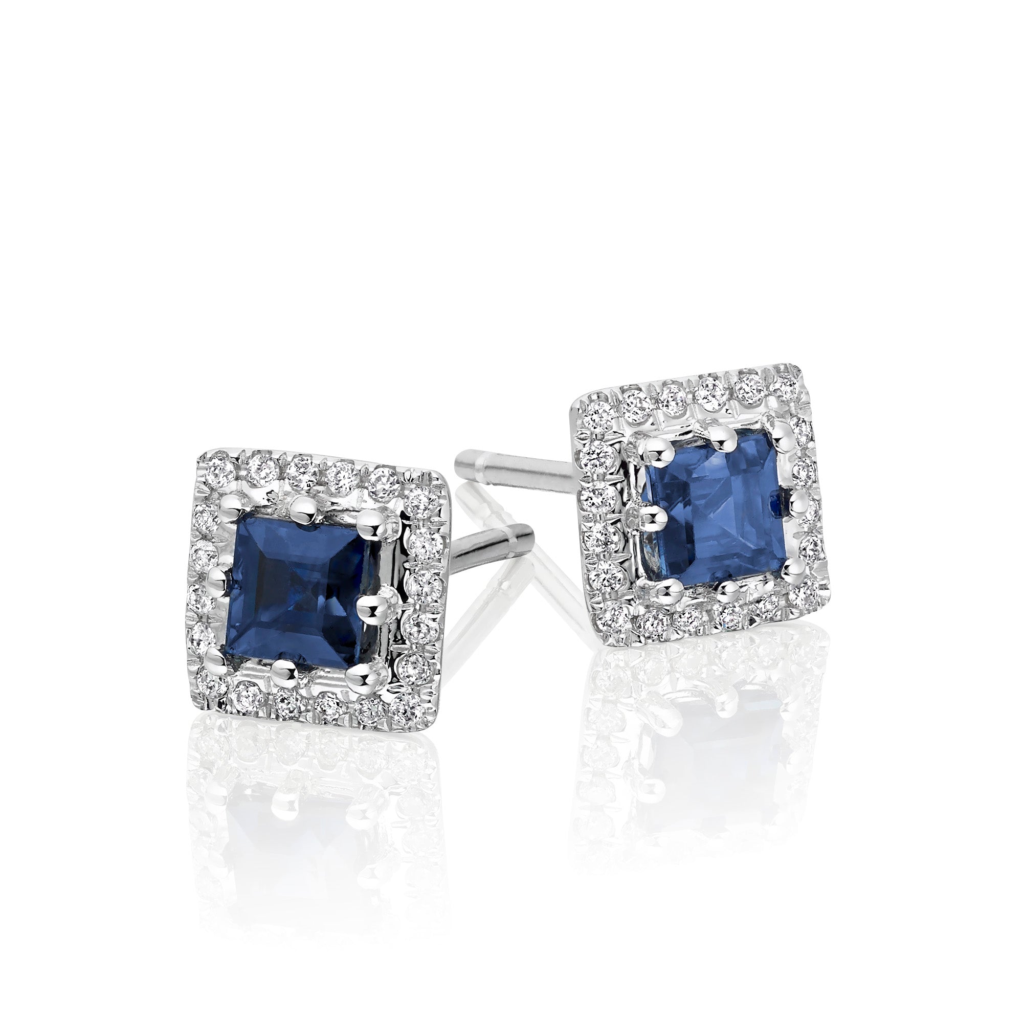Square Sapphire and 0.11ct diamond stud earrings in 9K white gold