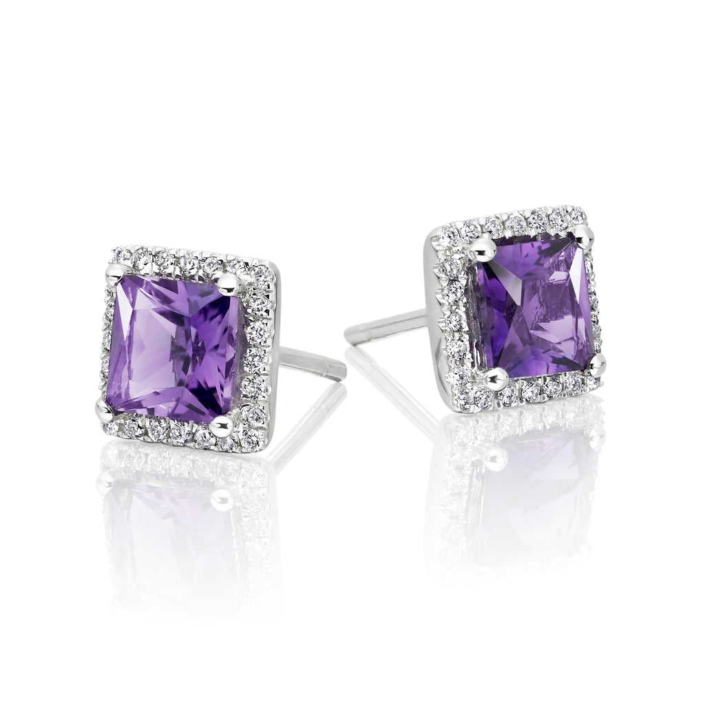 5mm x 5mm Amethyst and 0.19ct diamond stud earrings in 9K white gold