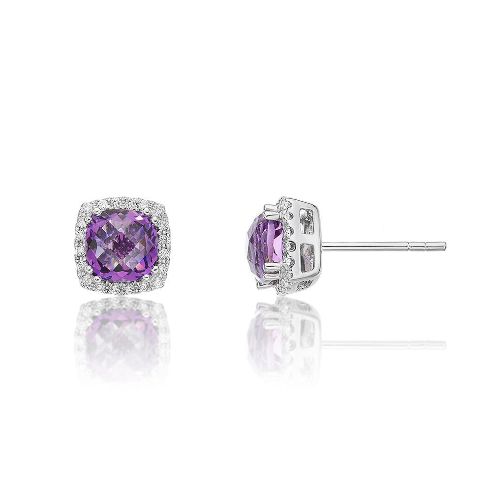 6mm x 6mm Amethyst and 0.16ct diamond stud earrings in 9K white gold