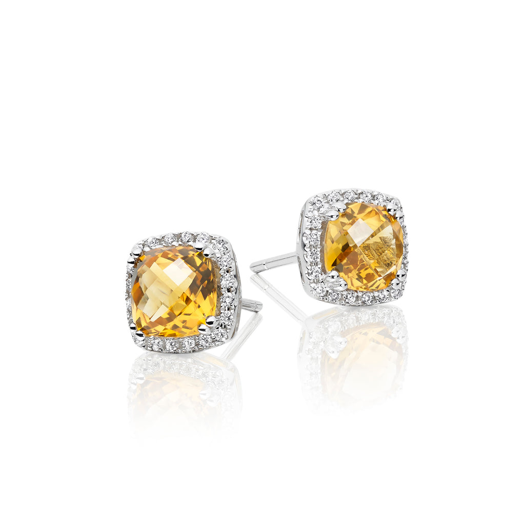 6mm x 6mm Citrine and 0.16ct diamond stud earrings in 18K white gold