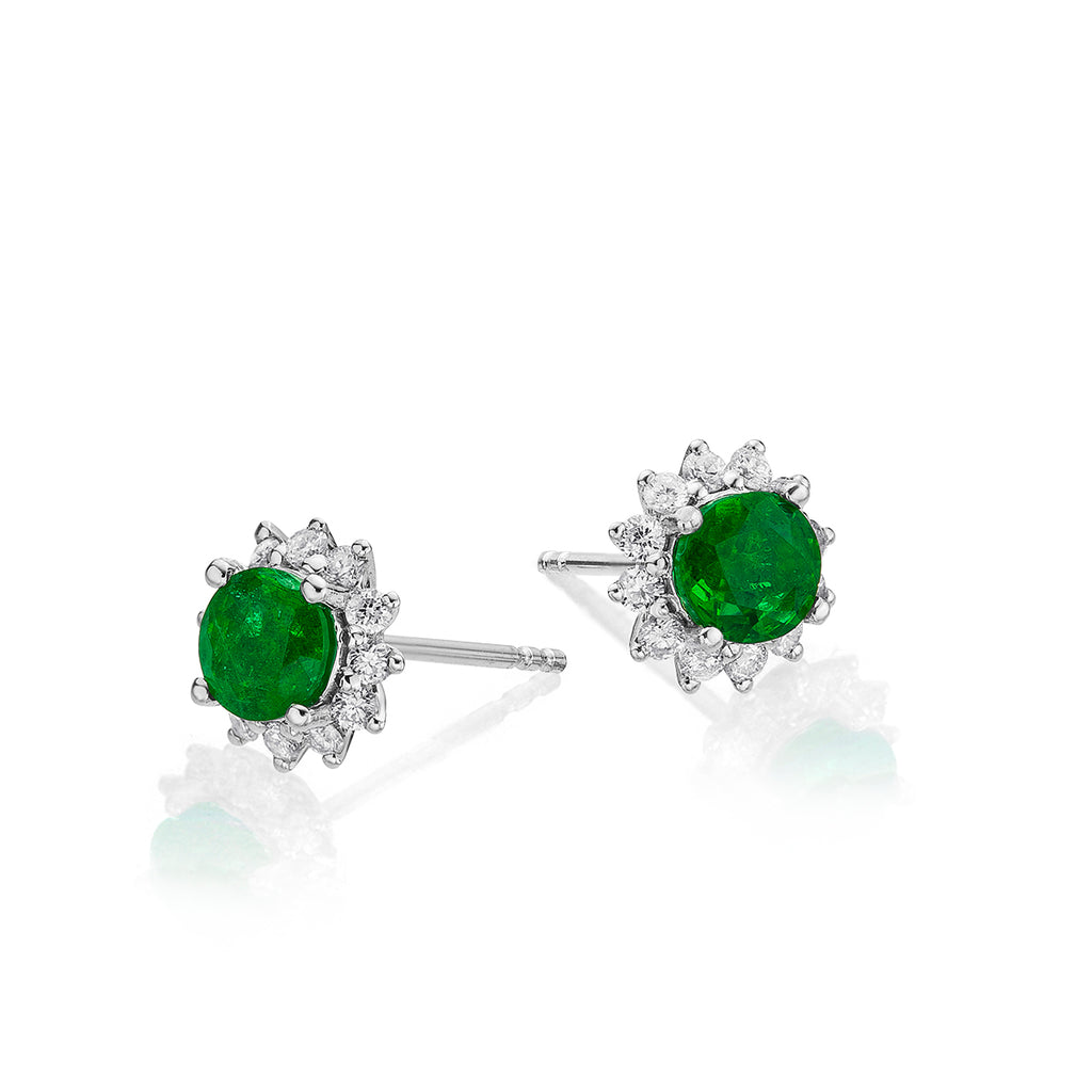 Round Emerald Stud Earrings with 0.24ct Diamond Halo 9K White Gold