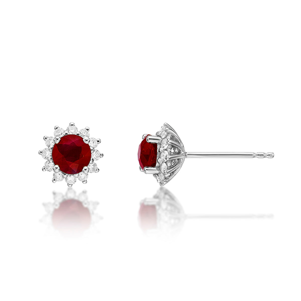 Round Ruby Stud Earrings with 0.24ct Diamond Halo 9K White Gold
