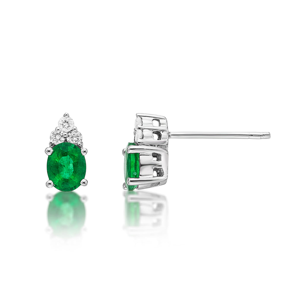 Oval Emerald Stud Earrings with 0.10ct Diamonds 9K White Gold