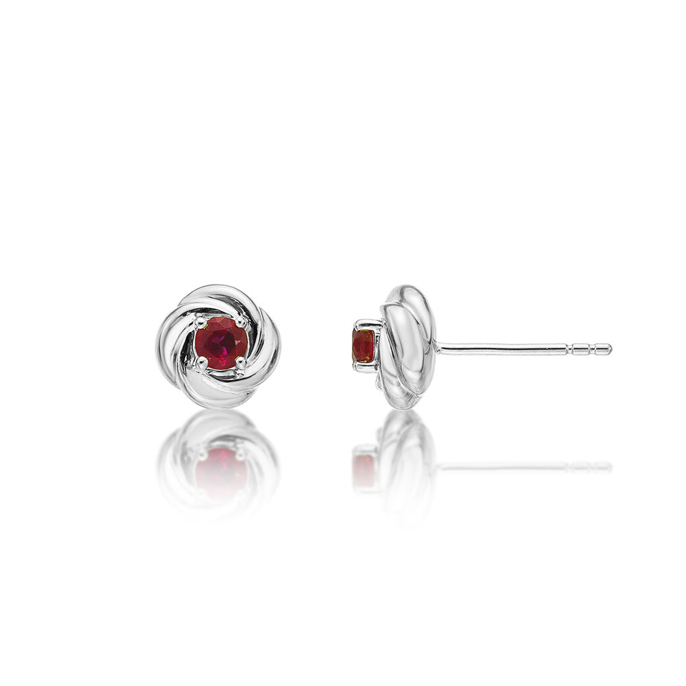 Knot Ruby Earrings 3.3mm Round Ruby in 9K White Gold
