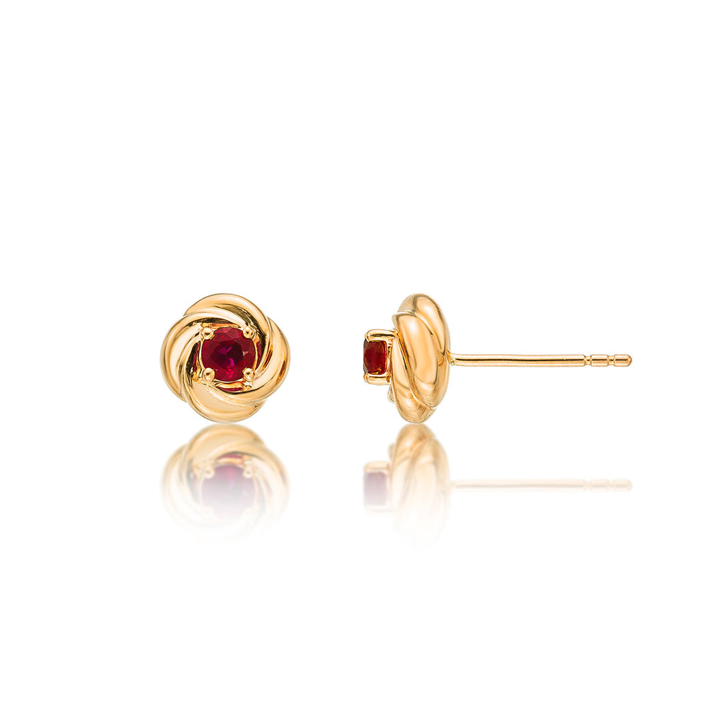 Knot Ruby Earrings 3.3mm Round Ruby in 9K Yellow Gold