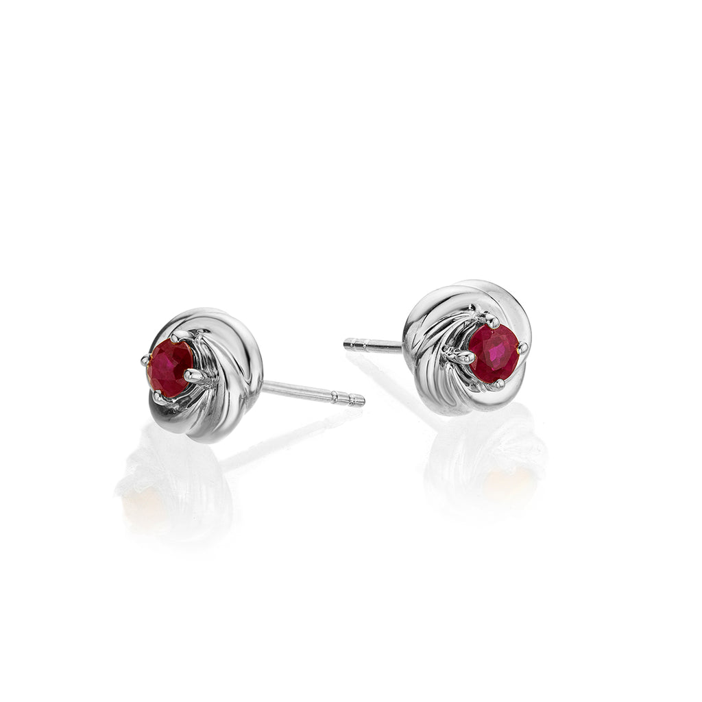 Knot Ruby Earrings 3.3mm Round Ruby in 9K White Gold