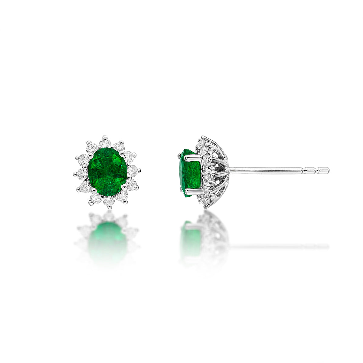 Oval Emerald Stud Earrings with 0.23ct Diamond halo 18K White Gold