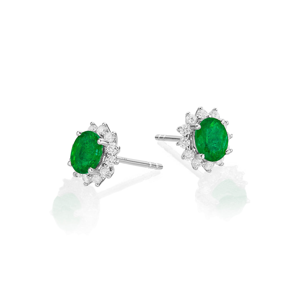 Oval Emerald Stud Earrings with 0.23ct Diamond halo 18K White Gold