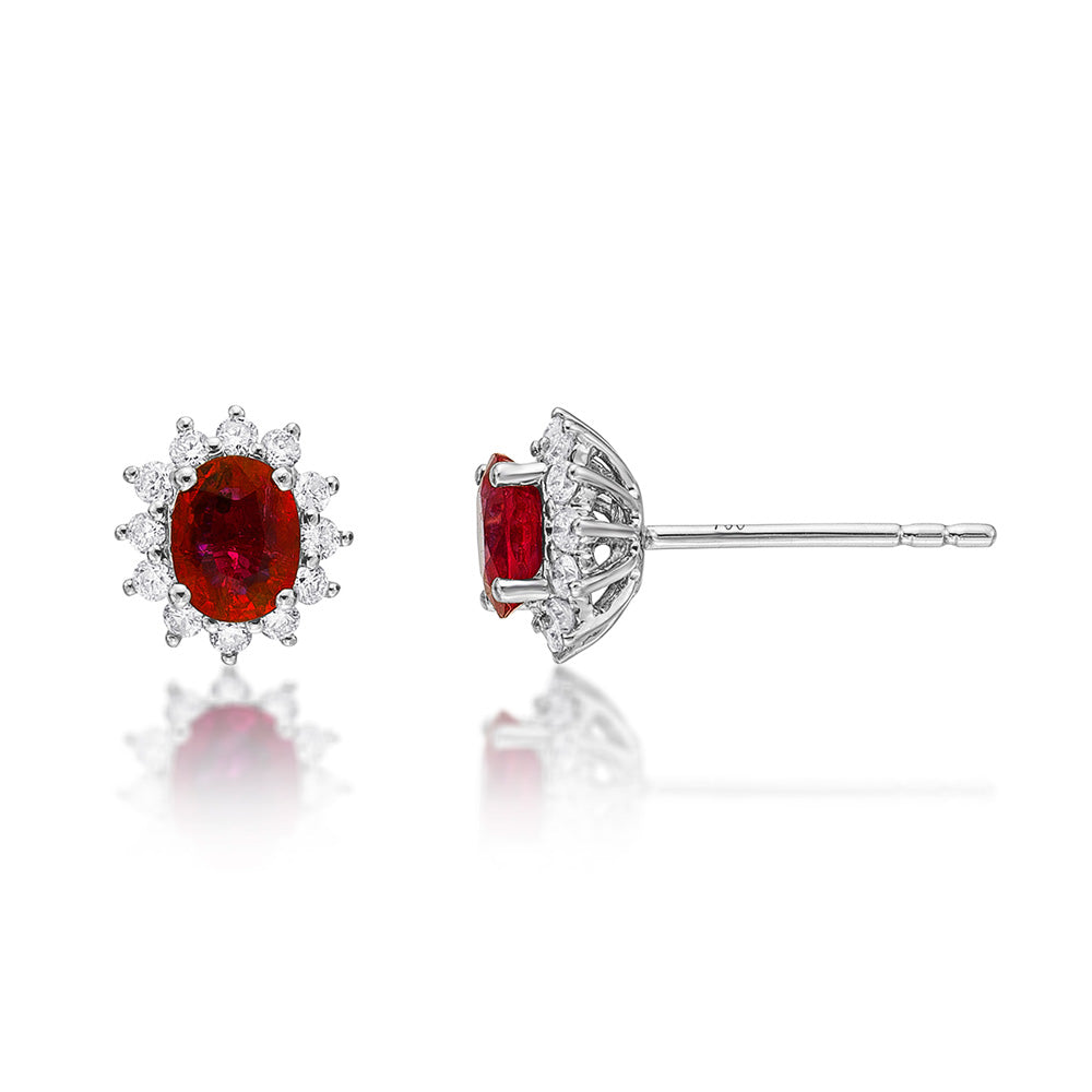 Oval Ruby Stud Earrings with 0.23ct Diamond Halo 18K White Gold