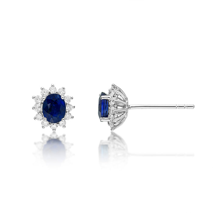 Oval Sapphire Stud Earrings with 0.23ct Diamond Halo 18K White Gold