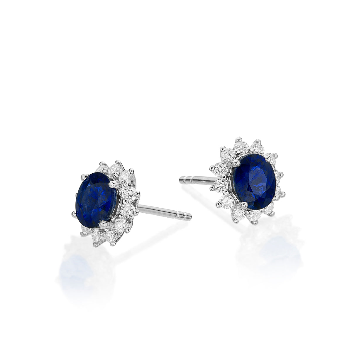 Oval Sapphire Stud Earrings with 0.23ct Diamond Halo 18K White Gold