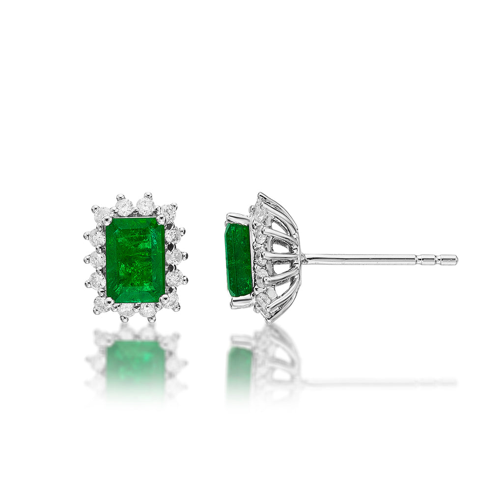 Octagon Emerald Stud Earrings with 0.28ct Diamond Halo 18K White Gold