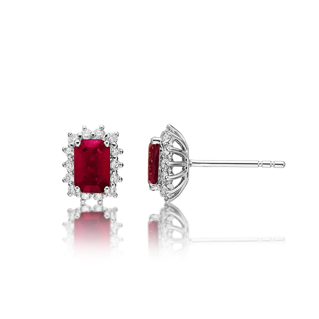 Octagon Ruby Stud Earrings with 0.28ct Diamond Halo 18K White Gold