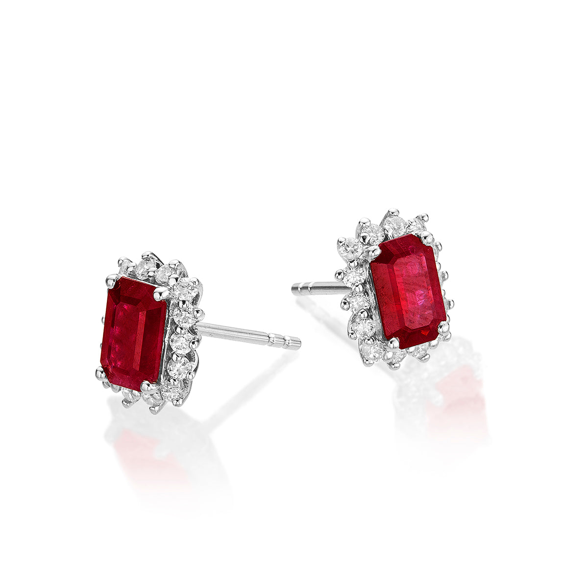 Octagon Ruby Stud Earrings with 0.28ct Diamond Halo 18K White Gold