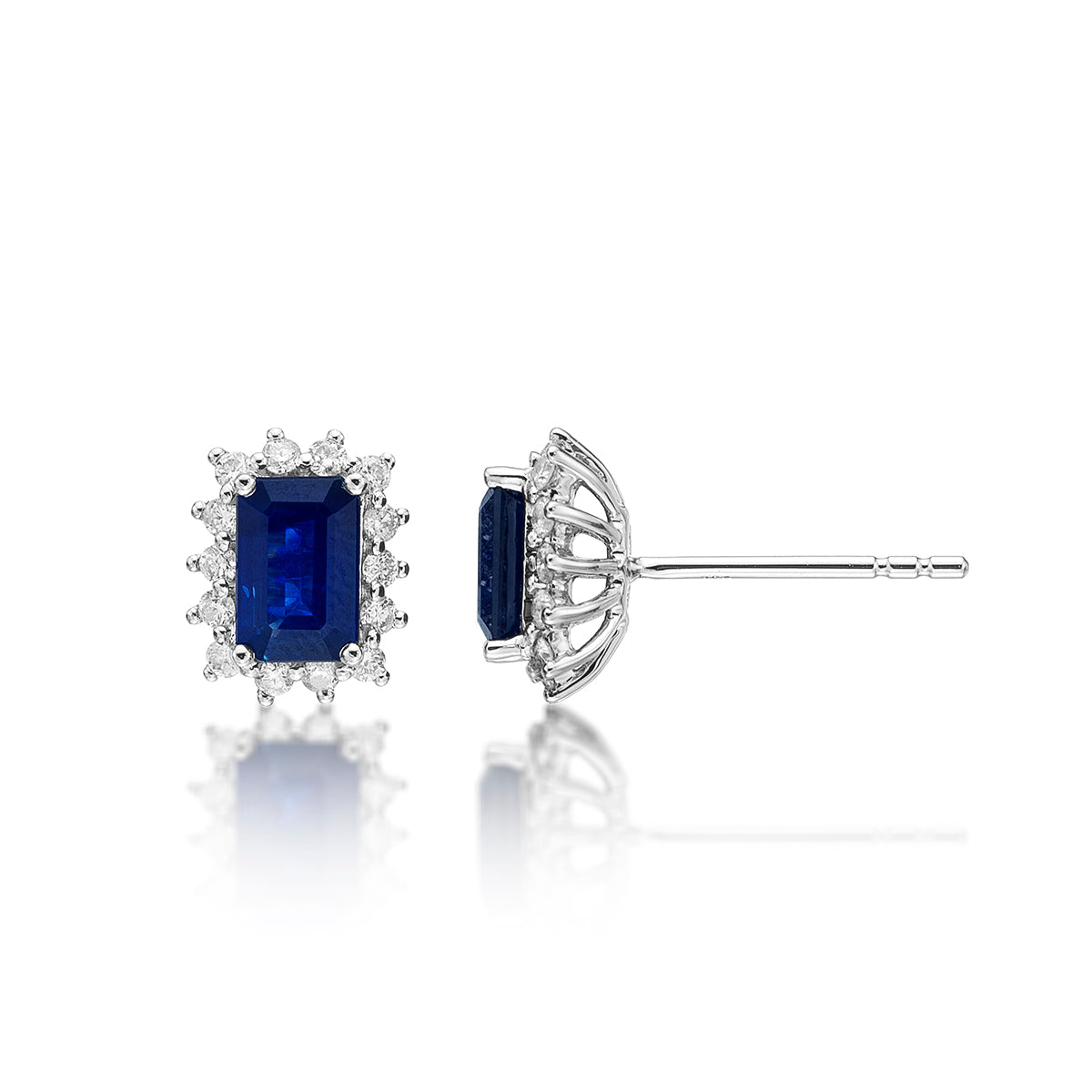 Octagon Sapphire Stud Earrings 0.28ct Diamond Halo 18K White Gold