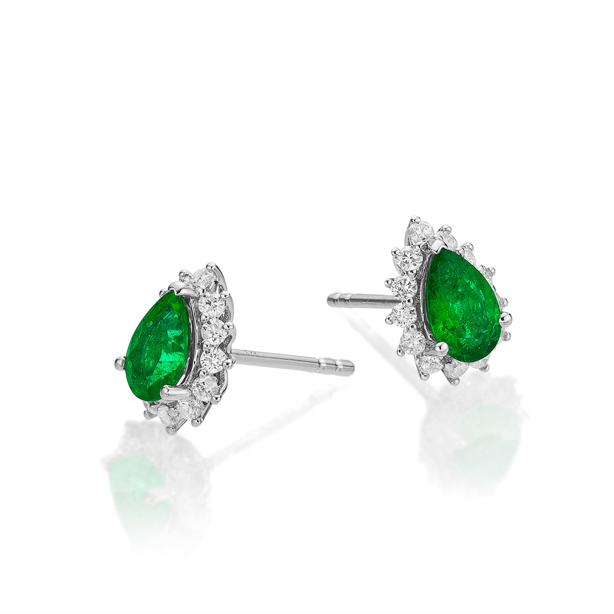 Pear Emerald Stud Earrings 0.25ct Diamond Halo 18K White Gold
