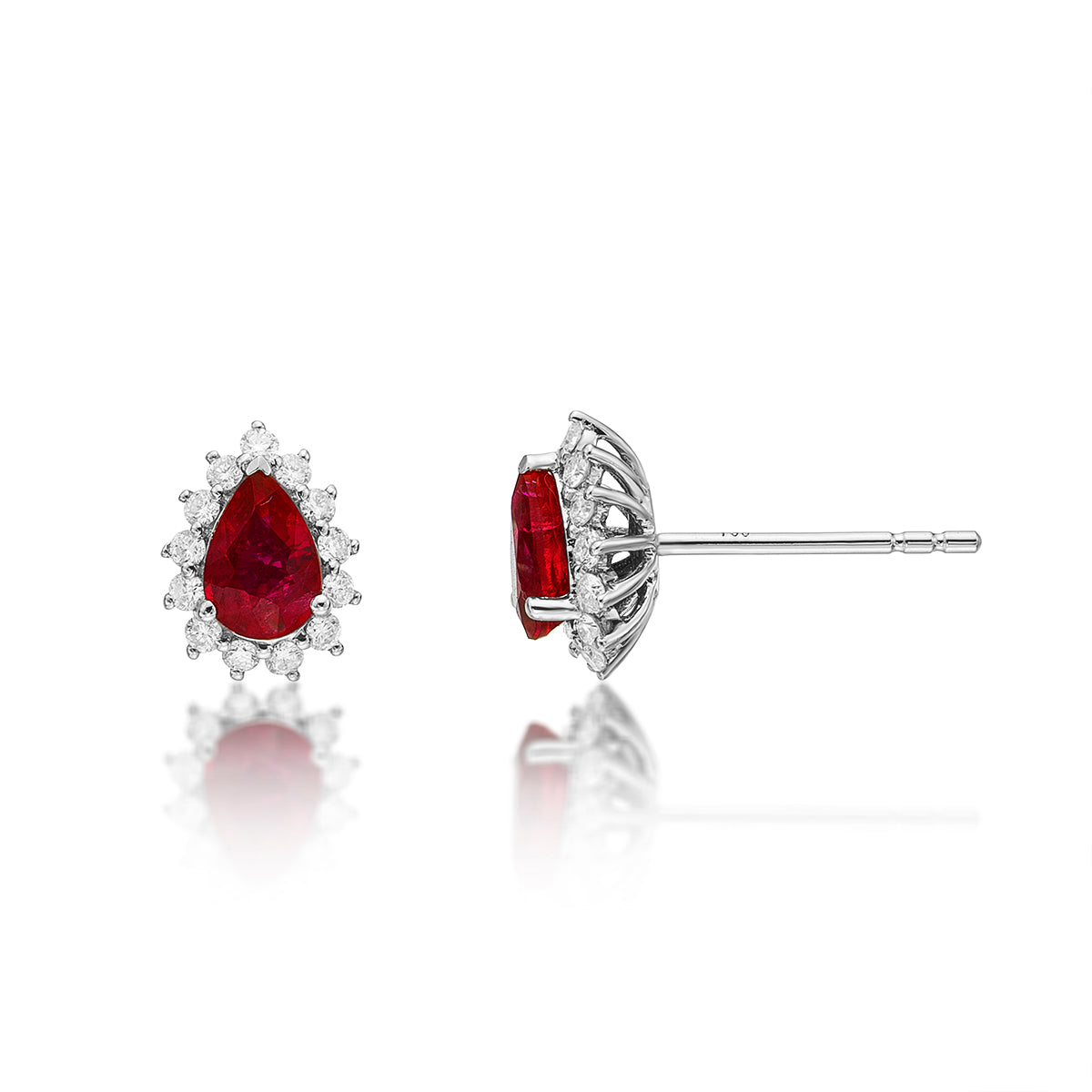Pear Ruby Stud Earrings 0.25ct Diamond Halo 18K White Gold