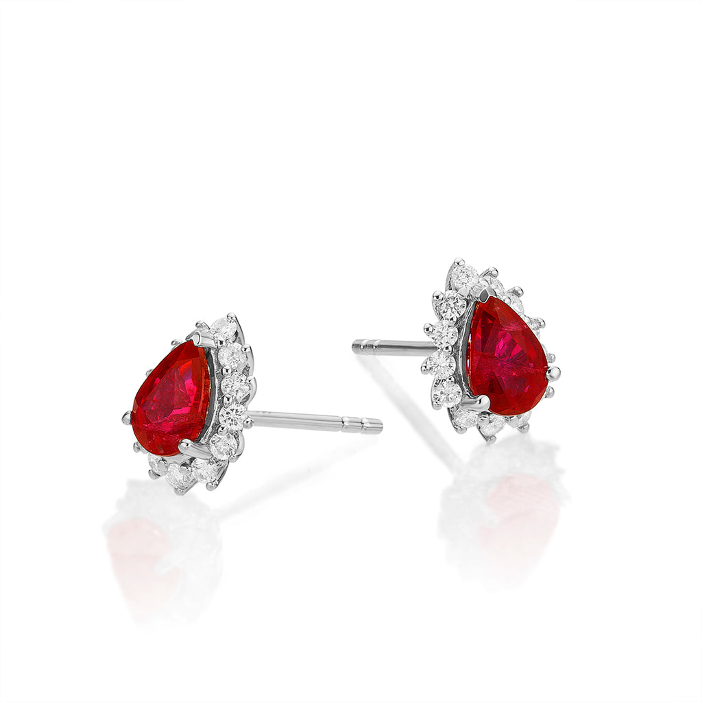 Pear Ruby Stud Earrings 0.25ct Diamond Halo 18K White Gold
