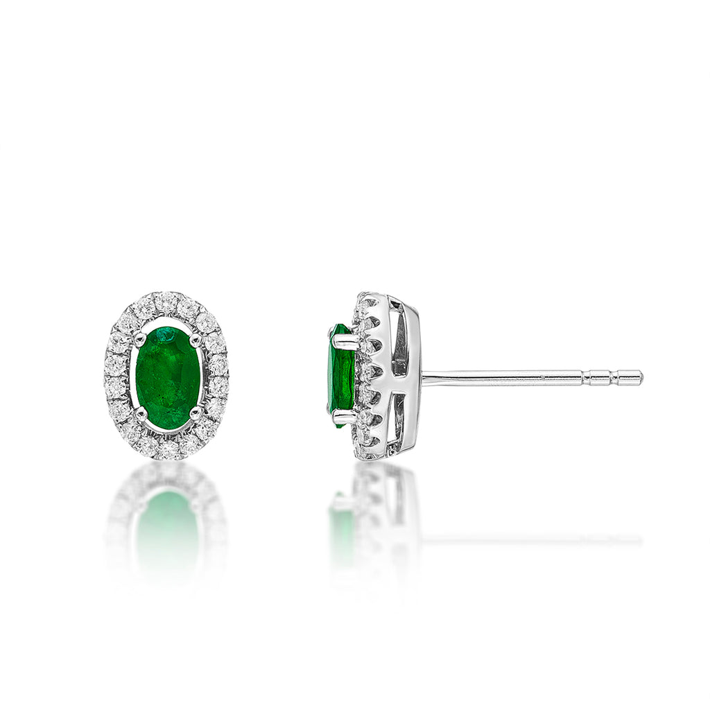 Oval Emerald Stud Earrings with 0.18ct Diamonds 18K White Gold