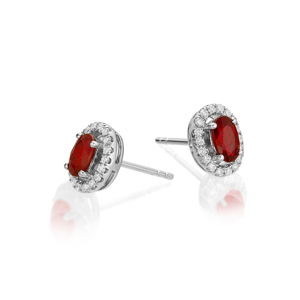 Oval Ruby Stud Earrings with 0.18ct Diamonds 18K White Gold