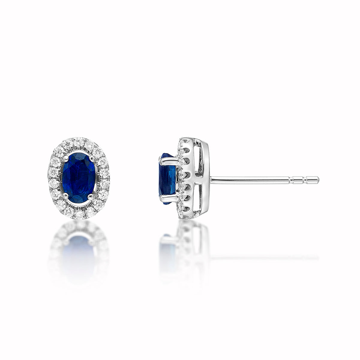 Oval Sapphire Stud Earrings with 0.18ct Diamonds 18K White Gold