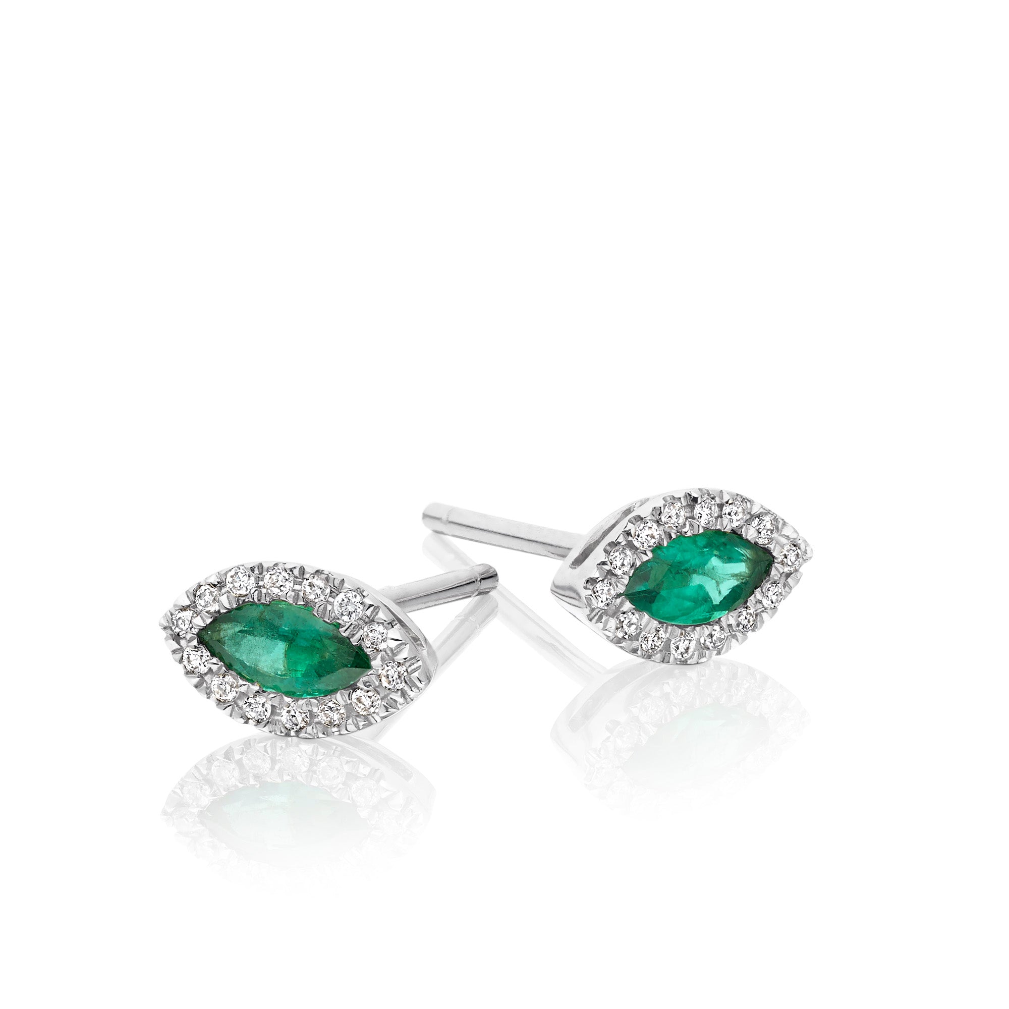 Marquise Emerald and 0.08ct diamond stud earrings in 9K white gold 