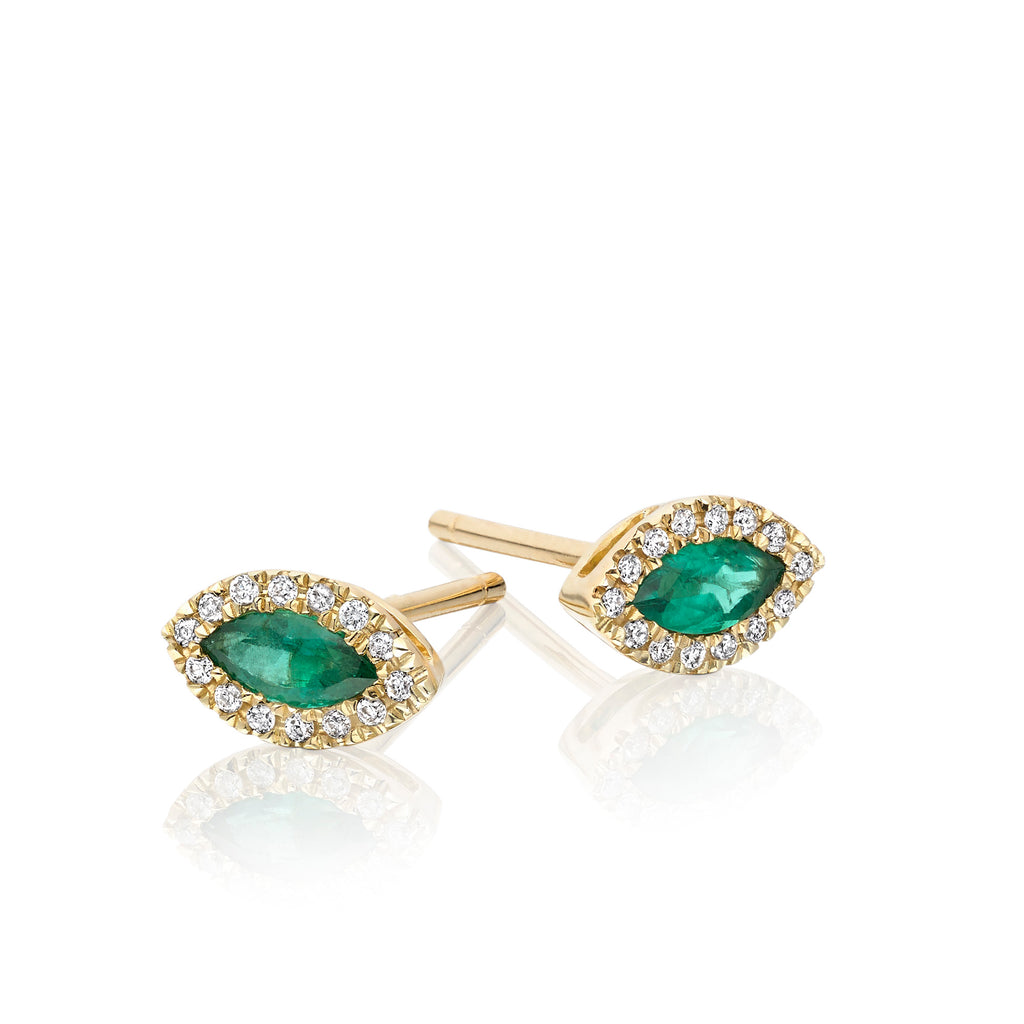 Marquise Emerald and 0.08ct diamond stud earrings in 9K yellow gold