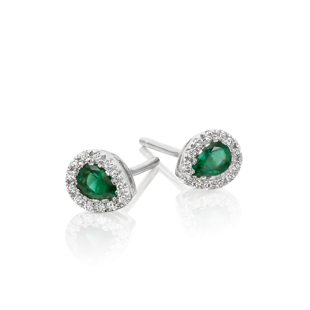 Pear Emerald and 0.08ct diamond ear studs in 9K white gold