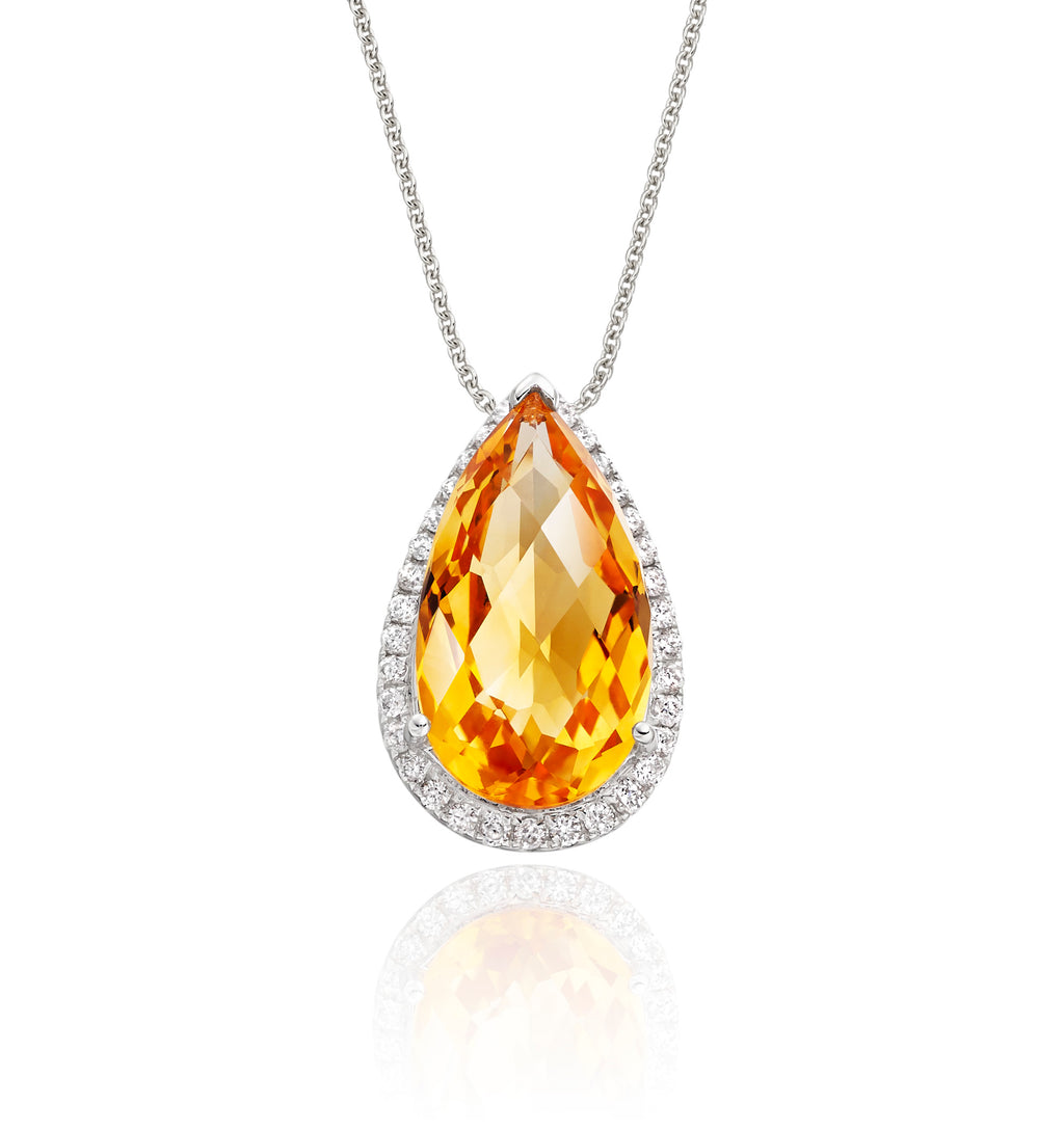 8mm x 13mm Citrine with 0.17ct Diamond pendant in 9K white gold
